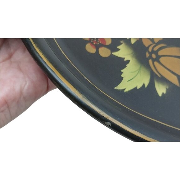 Vintage Metal Toleware Tray Fruit & Leaf Design Black Gold Mid-Century Pineapple - Picture 5 of 6
